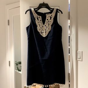 Linen blend shift dress with cute pompon detail